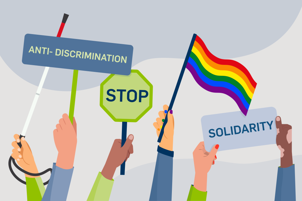 Diverse Hände mit Gesten und Schildern Stop, Anti-Diskrimination, Solidarity und Regenbogenflagge.