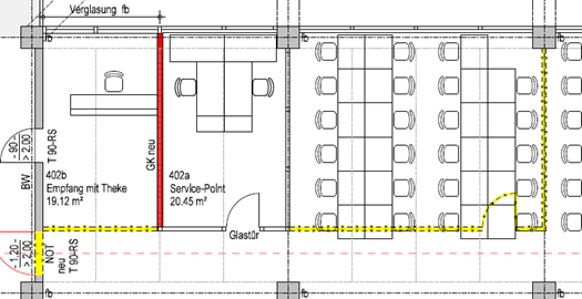 Plan für eine angedachte Umnutzung der Fläche durch den Rückbau der Wände und die Teilung von Räumen.