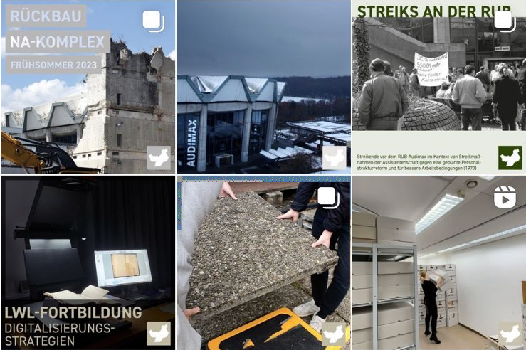 Ein zugeschnittener Screenshot des Instagram-Profils des Universitätsarchivs zeigt neun Kacheln von verschiedenen Posts zu unterschiedlichen Themen wie historisches, aktuelle Ereignisse im Uniarchiv etc.