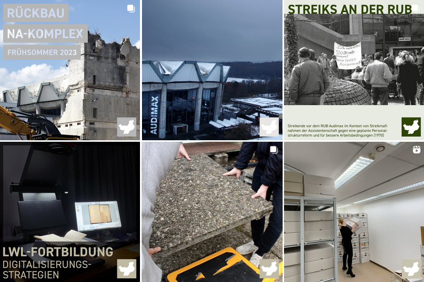 Ein zugeschnittener Screenshot des Instagram-Profils des Universitätsarchivs zeigt neun Kacheln von verschiedenen Posts zu unterschiedlichen Themen wie historisches, aktuelle Ereignisse im Uniarchiv etc.