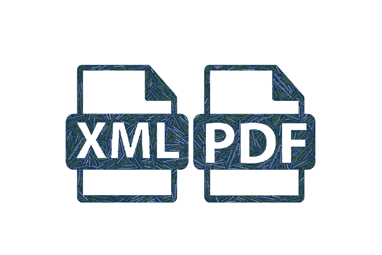 Grafik: Zeichnung eines Graphen mit dekorativ integrierten Wort-Elementen aus dem Bereich des digitalen zentralen Rechnungseingangs. 