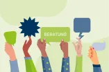 Diverse Hände mit Gesten und Schildern Beratung und Sprechblasen-Symbolen.
