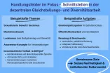 Eine Grafik, in der Beispiele für die Schnittstellen in der dezentralen Gleichstellungs- und Diversitätsarbeit aufgeführt werden.