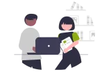 Grafische Darstellung von einem MAnn und einer Frau, die gemeinsam an einem Stehtisch an einerm Laptop arbeiten