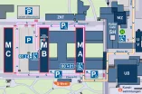 Detailanschicht des Campusplans der RUB mit Fokus auf die M-Reihe (Gebäude MA, MB und MC) und thematischem Fokus auf die Anreise zum Universitätsarchiv im Gebäude MB