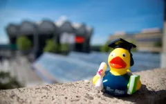 Ein Foto von einer Quitscheente mit Doktorhut auf einer Mauer. Im Hintergrund ist verschwommen das Audimax und das Gebäude GA zu sehen.