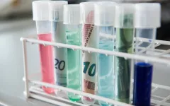 Eine Reihe Reagenzgläser mit Geldscheinen