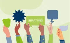 Diverse Hände mit Gesten und Schildern Beratung und Sprechblasen-Symbolen.