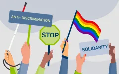 Grafik: Diverse Hände mit Gesten und Schildern Stop, Anti-Diskrimination, Solidarity und Regenbogenflagge.