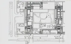 Das Bild zeigt den Grundriss eines Gebäudekonzepts aus der Planungshistorie der Gebäude MB, in dem sich heute u. a. das Universitätsarchiv befindet, und MC, die so jedoch nicht umgesetzt wurden. | The image shows the floor plan of an early layout concept for the MB building, which now houses the University Archive, and MC. The buildings‘ final layout is different, though.