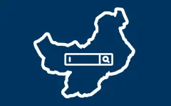 Stilisiertes Logo für das digitale Recherchemodul bestehend aus der Kontur der Henne innerhalb derer sich eine Suchleiste befindet