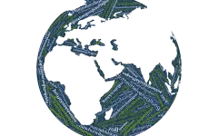 Grafik: Zeichnung eines Graphen mit dekorativ integrierten Wort-Elementen aus dem Bereich Drittmittelverwaltung und Zoll.