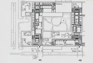 Das Bild zeigt den Grundriss eines Gebäudekonzepts aus der Planungshistorie der Gebäude MB, in dem sich heute u. a. das Universitätsarchiv befindet, und MC, die so jedoch nicht umgesetzt wurden.