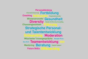 Grafik: Wortwolke des Dezernats für strategische Personal- und Talententwicklung mit Begriffen wie Teamentwicklung, Future Skills, Mentoring und Gender & Diversity Consulting