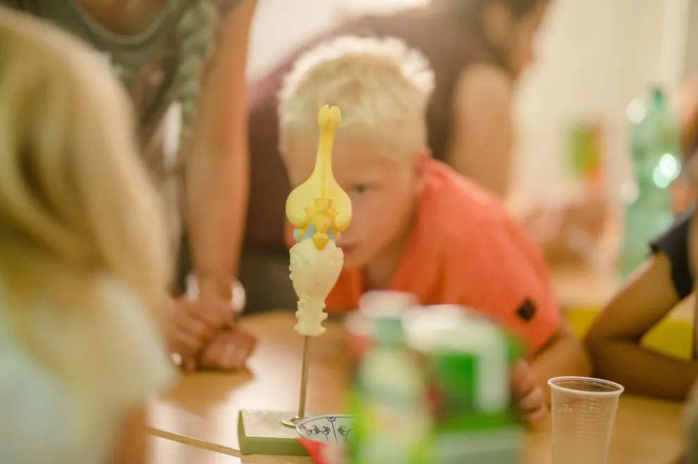 Kinder bei der Ferienwoche an der RUB betrachten in der Biopsychologie das Modell einer Taube