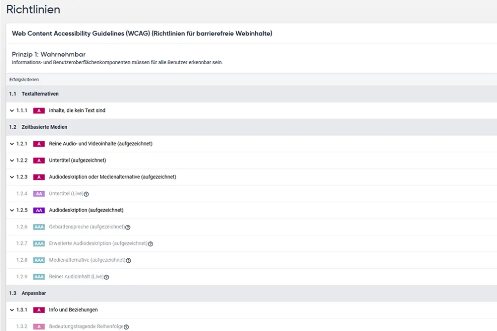 Screenshot der Richtlinien für barrierefreie Webseiten