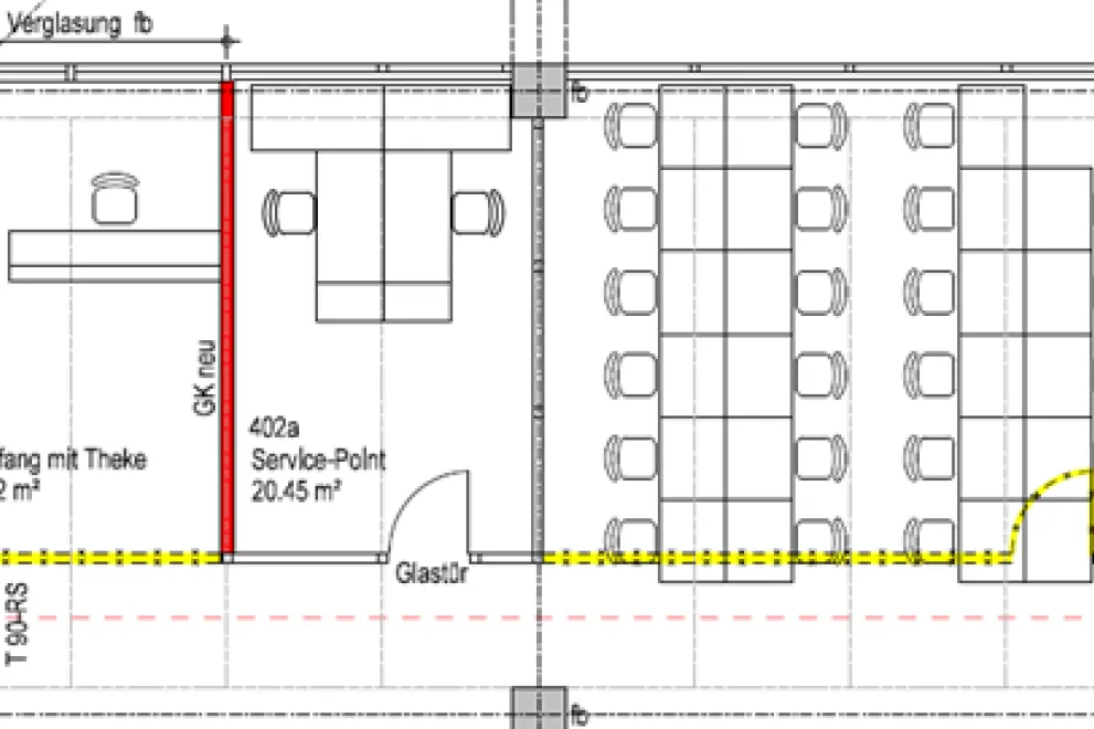 Pläne E-Prüfungsraum Plan für eine angedachte Umnutzung der Fläche durch den Rückbau der Wände und die Teilung von Räumen.