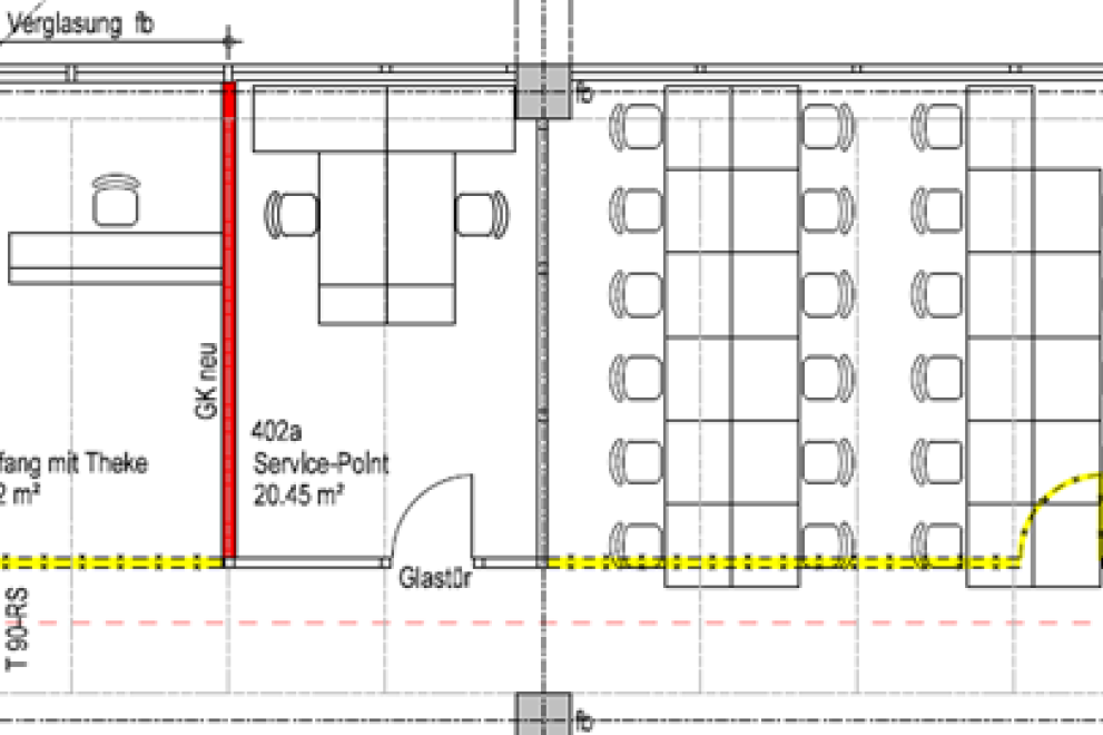Plan für eine angedachte Umnutzung der Fläche durch den Rückbau der Wände und die Teilung von Räumen.