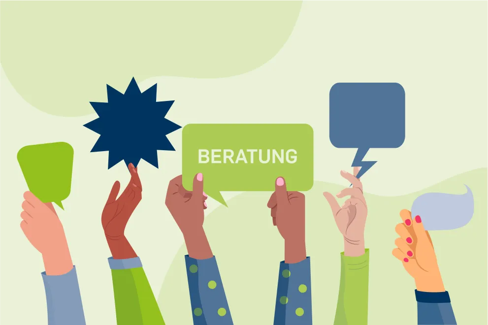 Diverse Hände mit Gesten und Schildern Beratung und Sprechblasen-Symbolen.