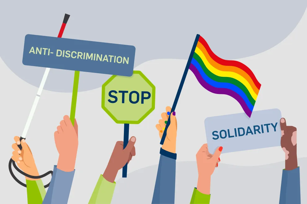 Grafik: Diverse Hände mit Gesten und Schildern Stop, Anti-Diskrimination, Solidarity und Regenbogenflagge.