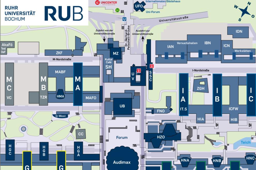 Lageplan der Ruhr-Universität Bochum. Die Standorte des Campus Service sind mit einem roten i gekennzeichnet.
