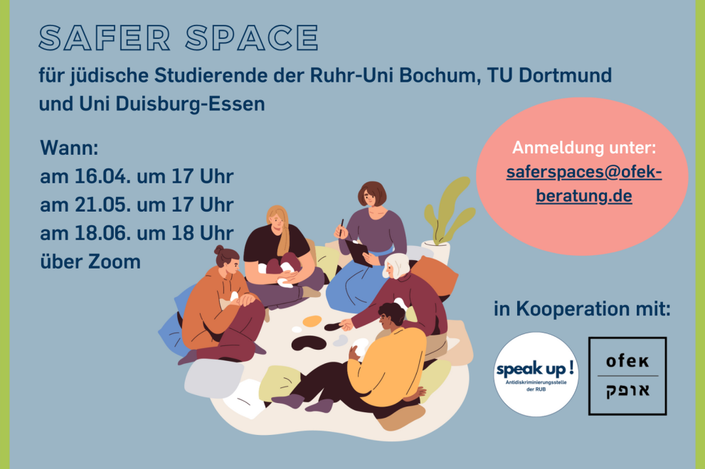 Grafik bildet das Angebot der Safer Spaces für jüdische Studierende in Kooperation mit OFEK e.V. ab