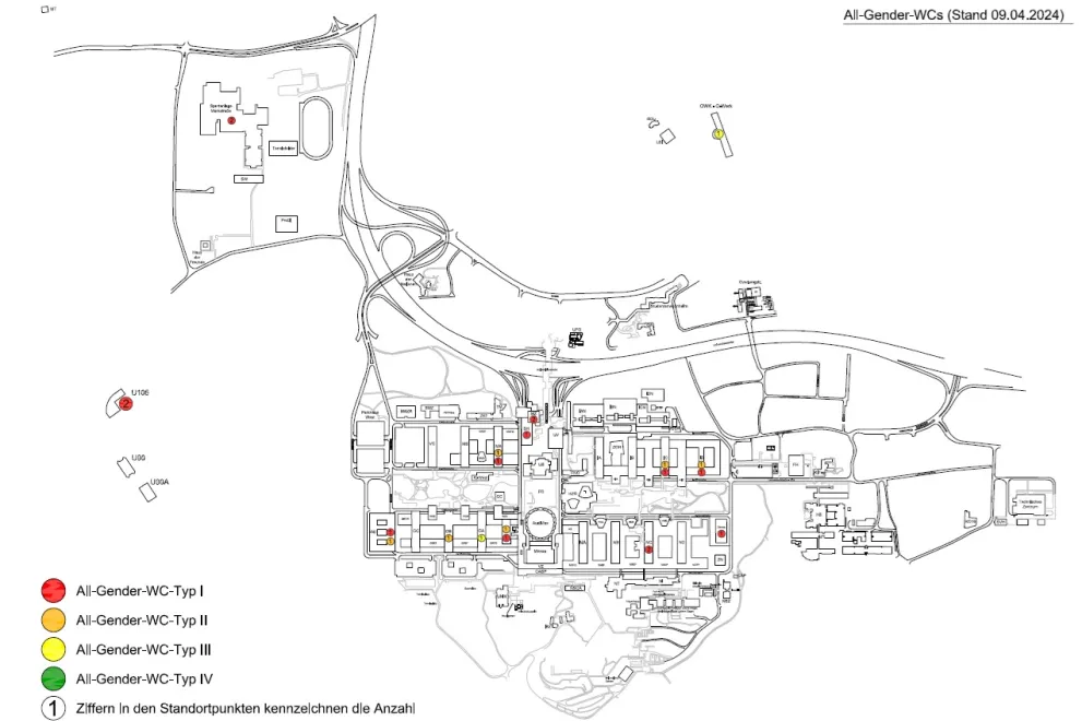 Eine Karte, auf der ein Überblick aller Standtpunkte mit All-Gender-WC