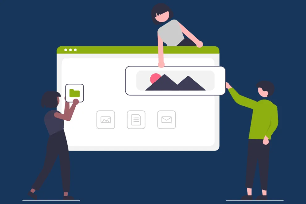 Grafik: Grafische Darstellung des Prozesses des Erstellens einer Webseite. Drei Personen setzen Elemente auf einer Art Whiteboard.