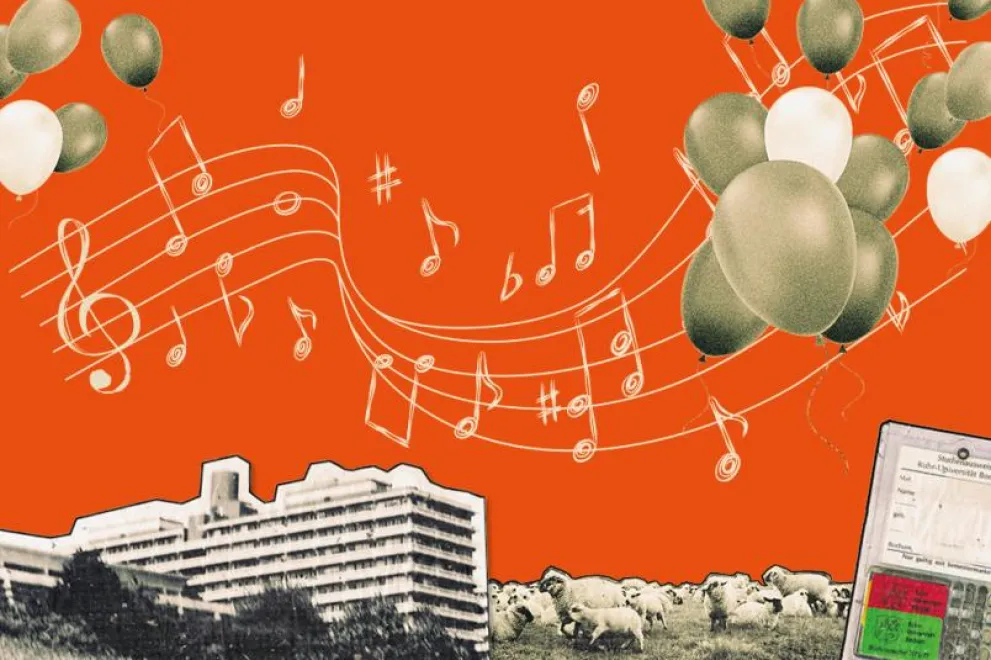 Eine Collage mit verschiedenen Fotoausschnitten (S/W-Foto eines RUB-Gebäudes, elektronischer Studierendenausweis) und Symbolen (Musik, Luftballons)