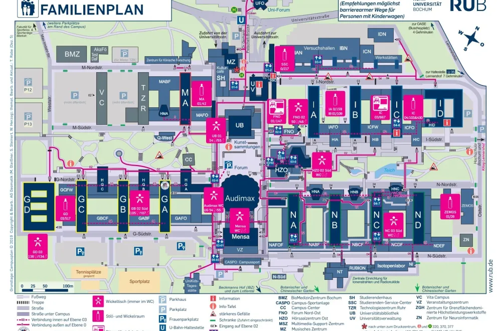 Familienräume an der RUB: Eltern-Kind-Büros      FNO 01/147  Still- und Wickelräume      SSC 0/217     IA 0/159     IB 02/130     IC 03/667     IC 04/430     MA 01/42     ZEMOS 01/26     Universitätsstraße 105 EG     O-WERK EG  Stillräume      GD 03/517
