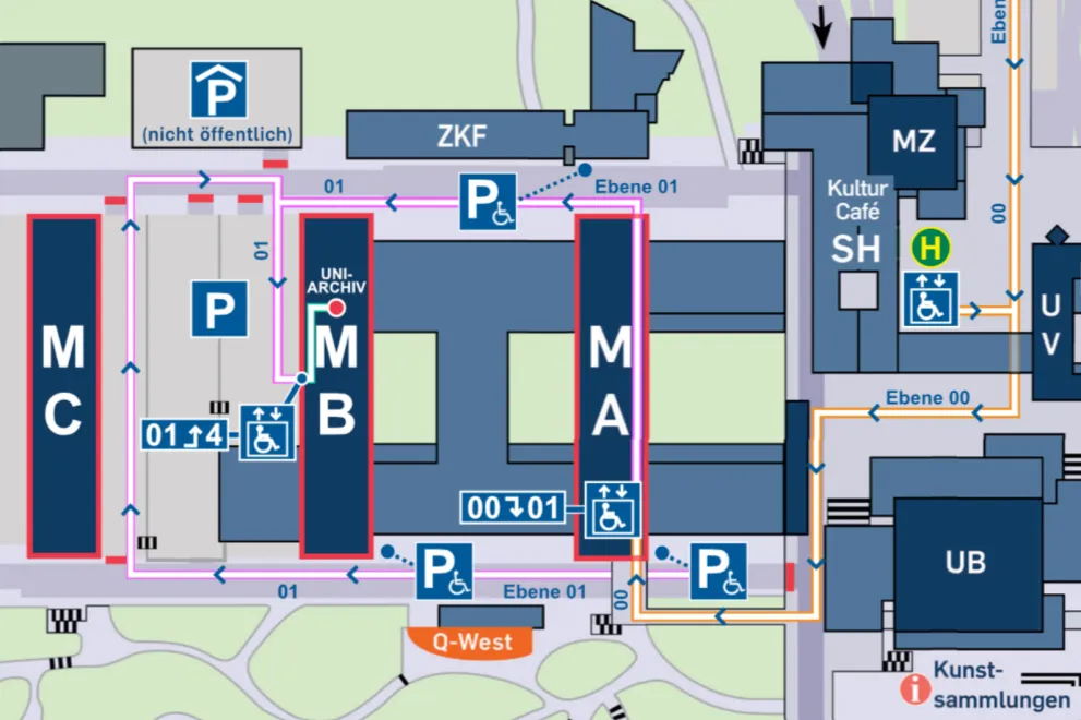 Detailanschicht des Campusplans der RUB mit Fokus auf die M-Reihe (Gebäude MA, MB und MC) und thematischem Fokus auf die Anreise zum Universitätsarchiv im Gebäude MB