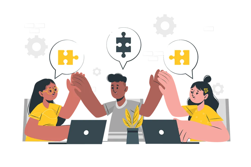 Grafische Darstellung: Drei junge Menschen sitzen am Tisch und schlagen ein, über ihren Köpfen Sprechblasen mit Puzzlestücken.