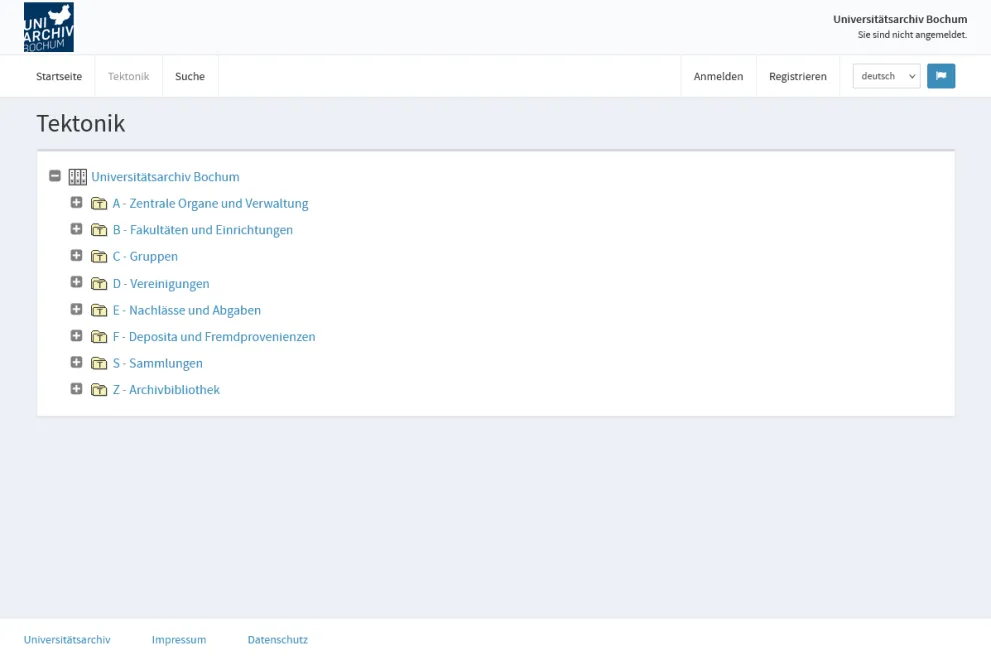 Screenshot der Unterseite "Tektonik" des Online-Recherchemoduls des Universitätsarchivs, ACTApro Benutzung