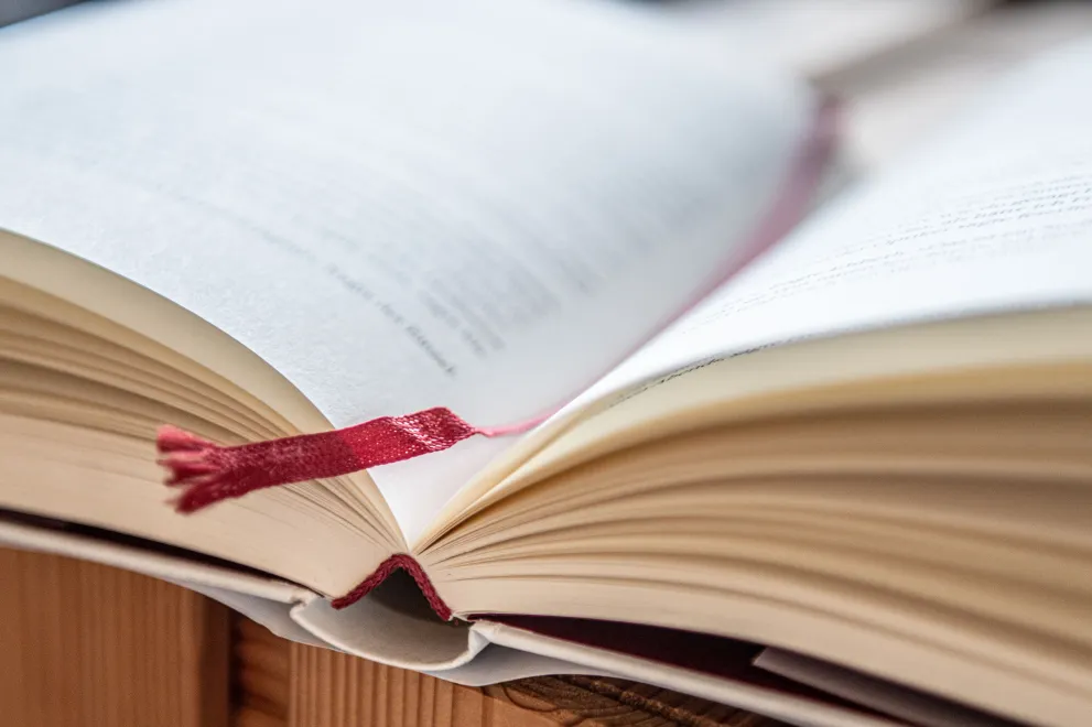 Foto: Aufgeschlagenes Buch, unscharf, mit roten Lesezeichen