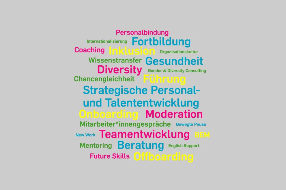 Grafik: Wortwolke des Dezernats für strategische Personal- und Talententwicklung mit Begriffen wie Teamentwicklung, Future Skills, Mentoring und Gender & Diversity Consulting
