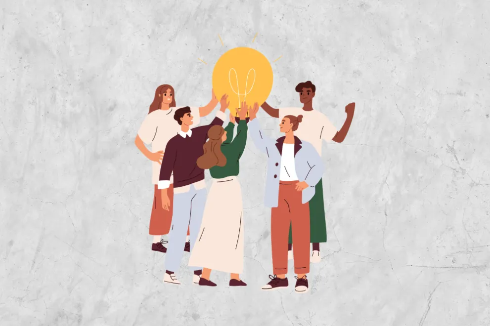 Grafische Darstellung von Menschen, die gemeinsam eine große Glühbirne tragen.