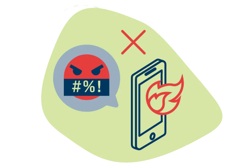Das Bild zeigt Grafiken wie einen fluchenden Smiley, ein Handy mit Flammen ubd eub Kreuz, die für Hass im Netz stehen sollen