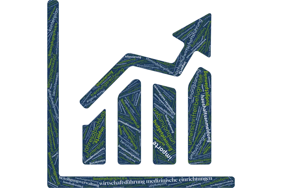 Graphic: Drawing of a graph with decoratively integrated word elements from the field of University Business Management. 