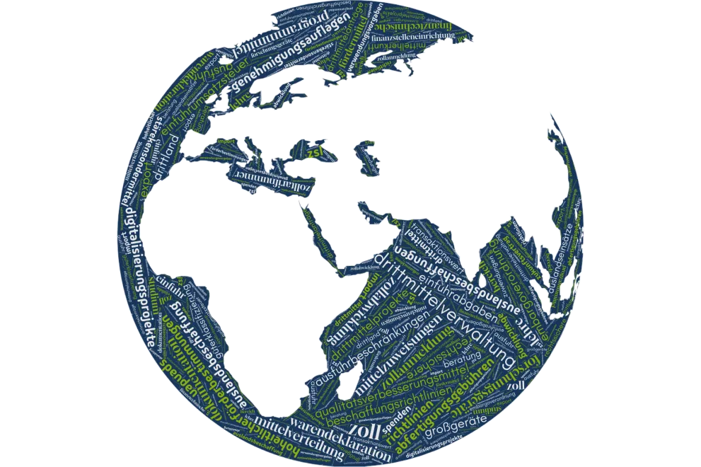 Graphic: Drawing of a graph with decoratively integrated word elements from the area of third-party funding management and customs.