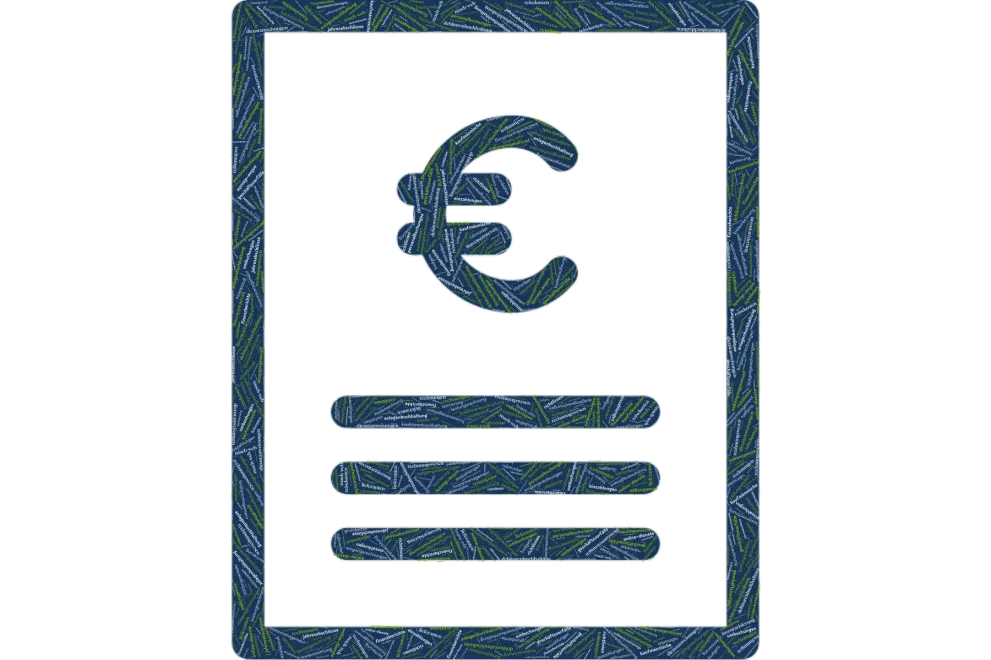 Grafik: Zeichnung eines Graphen mit dekorativ integrierten Wort-Elementen aus dem Bereich des Finanz- und Rechnungswesens.   