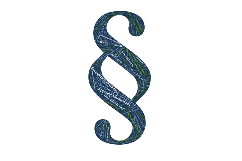 Grafik: Zeichnung eines Graphen mit dekorativ integrierten Wort-Elementen aus dem Bereich Steuern. 