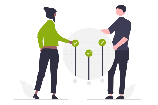 Grafische Darstellung von einem Mann und einer Frau, die an Check-Häkchen arbeiten, die wie Blumen zwischen ihnen wachsen
