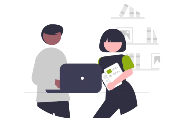 Grafische Darstellung von einem MAnn und einer Frau, die gemeinsam an einem Stehtisch an einerm Laptop arbeiten