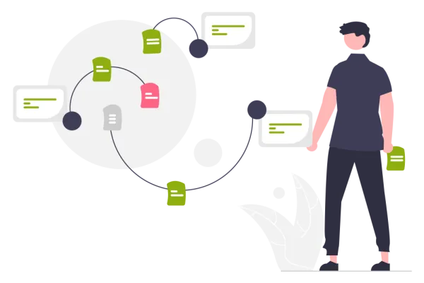 Grafische Darstellung von einem Mann, der vor vielen Dokument-Icons steht, die teils mit Linien verbunden sind