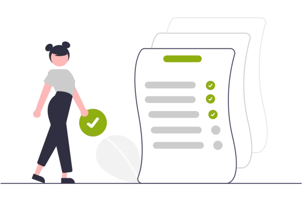 Grafische Darstellung einer jungen Frau, die ein Häkchen zu einer großen, teils abgehakten To Do-Liste trägt