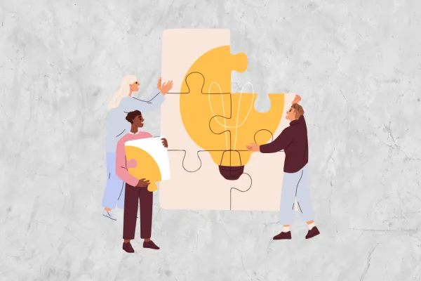 Grafische Darstellung von drei Personen, die ein großes Puzzle zusammensetzen, das eine Glühbirne zeigt
