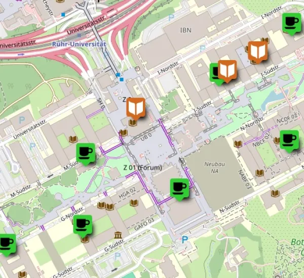 Das Bild zeigt des RUIB-Campus mit Standorten. Diese Standorte sind auch auf der Webseite aufgeführt.